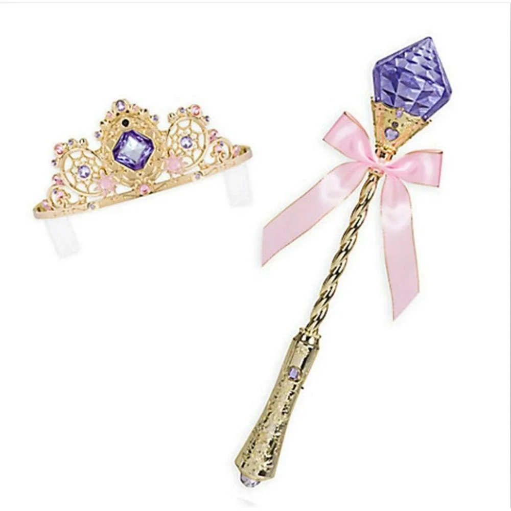 New Disney Store Girls 7/8 Rapunzel Deluxe Costume Set with Light Up Wand Tiara